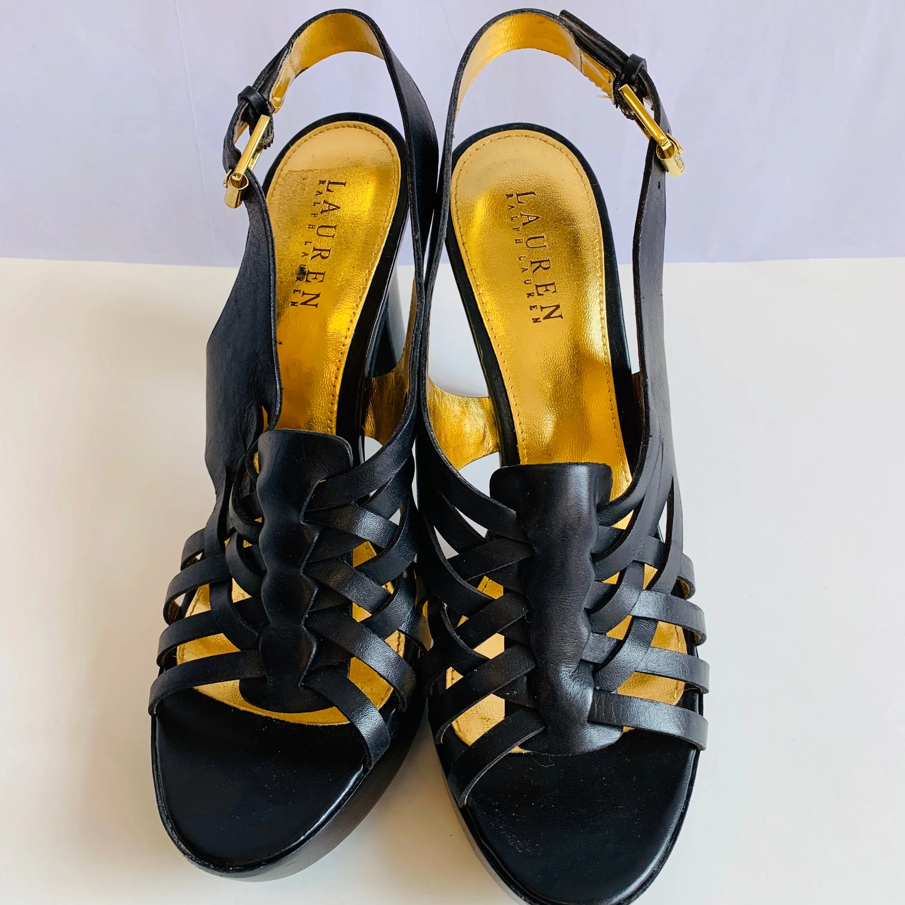 Lauren By Ralph Lauren Black Woven Leather Platforms Size 9.5