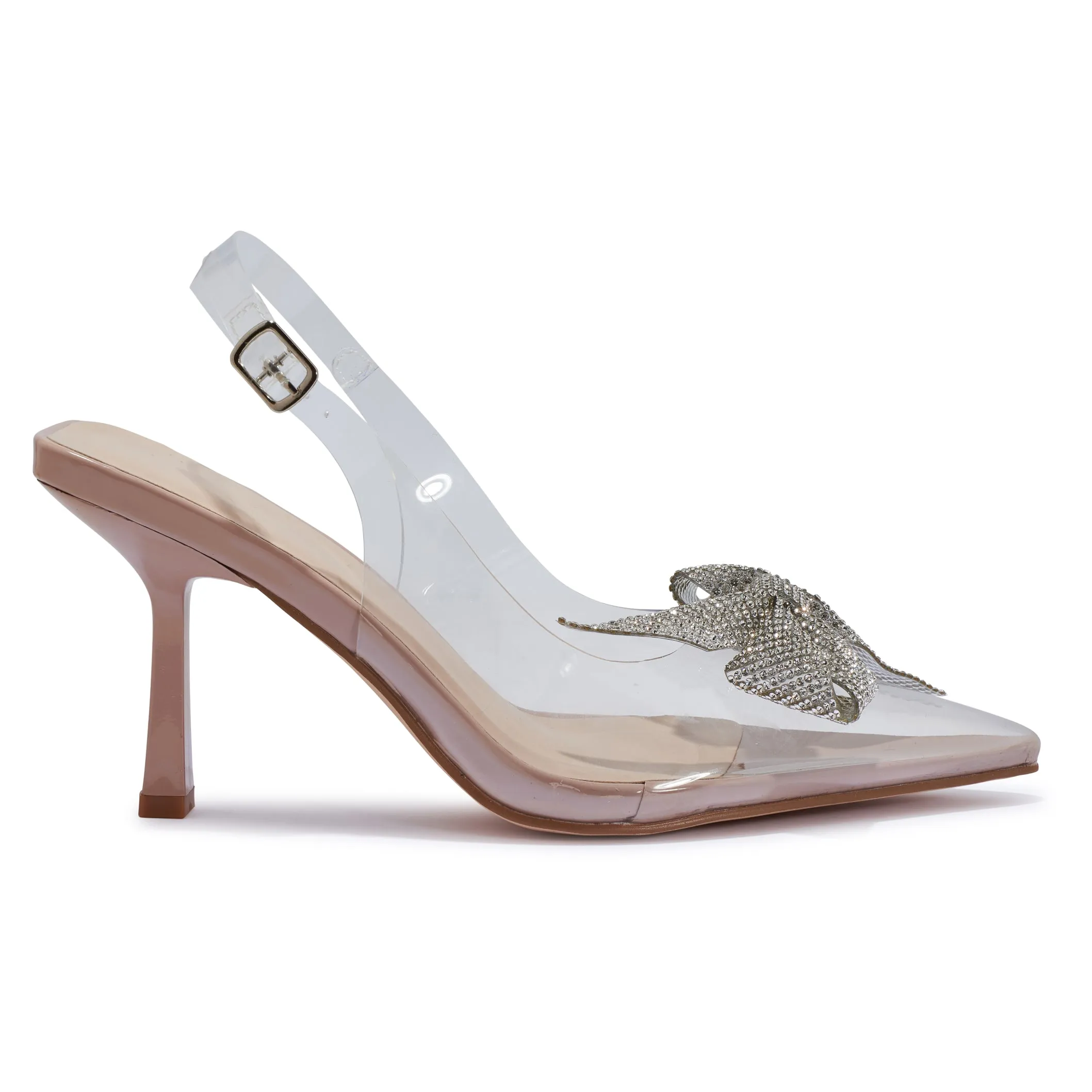 LIBBY NUDE CLEAR PERSPEX SLINGBACK BOW JEWEL HEELS