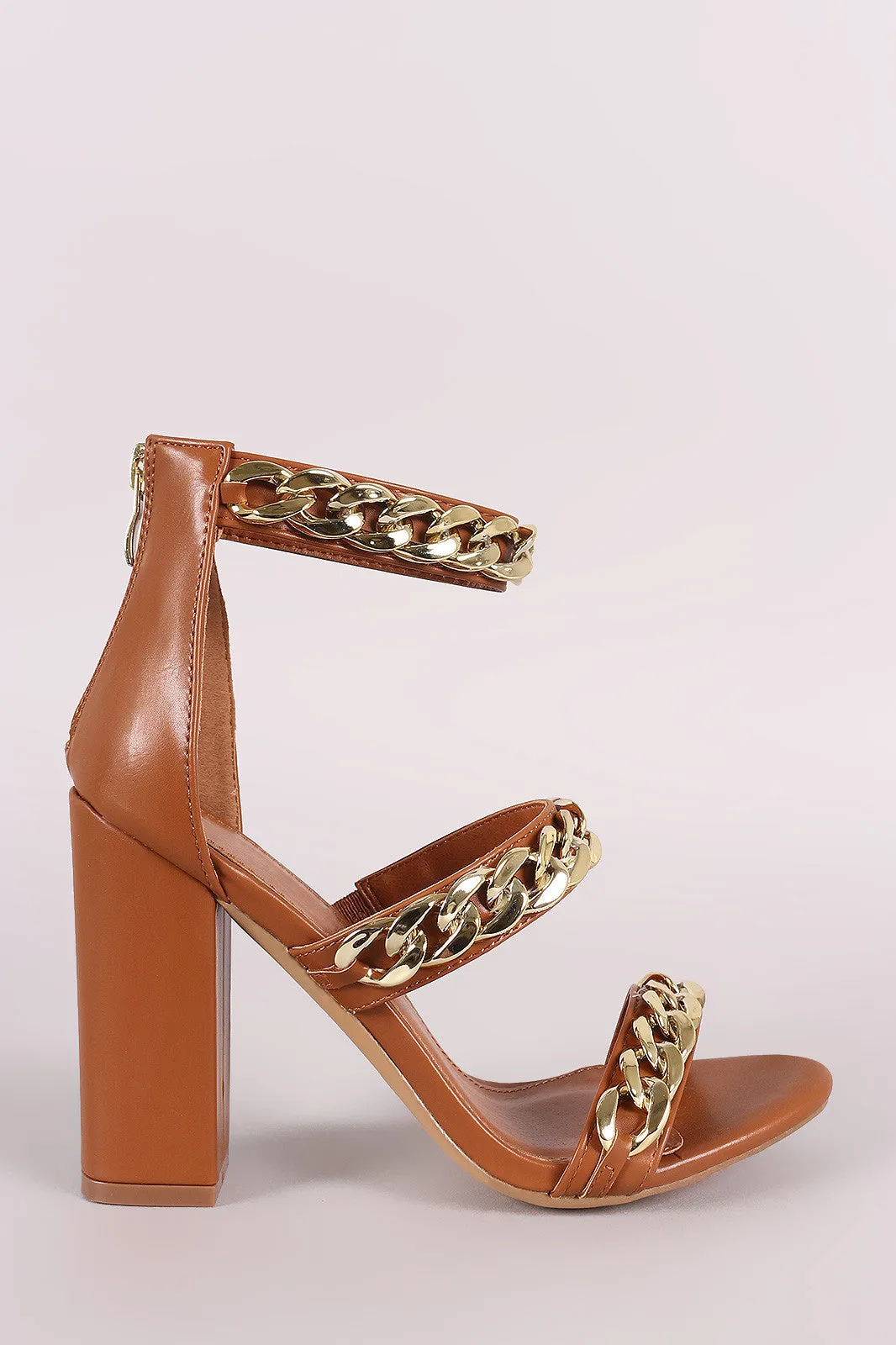 Liliana Triple Chunky-Chain Straps Open Toe Block Heel