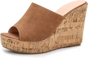 LizFoYa Women Peep Toe Slide Sandal Wedge High Heels Summer Beach Cork Platform Wedge Dressy Slipper Heels