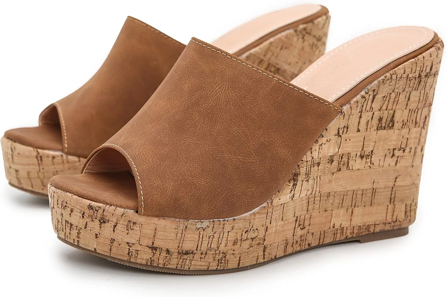 LizFoYa Women Peep Toe Slide Sandal Wedge High Heels Summer Beach Cork Platform Wedge Dressy Slipper Heels