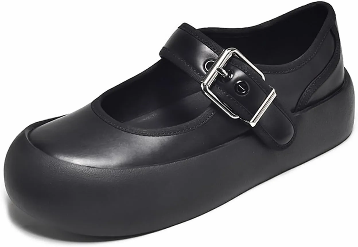 Loafers for Women Handmade Calfskin Leather Round Toe Buckle Strap Flats for Women Thick Sole Casual Shoes