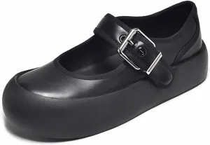 Loafers for Women Handmade Calfskin Leather Round Toe Buckle Strap Flats for Women Thick Sole Casual Shoes