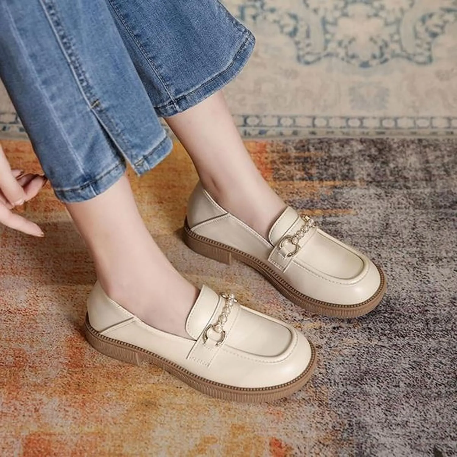 Loafers for Women Women's Low Heel Leather Casual Shoes Autumn Round Toe Comfortable Footwear