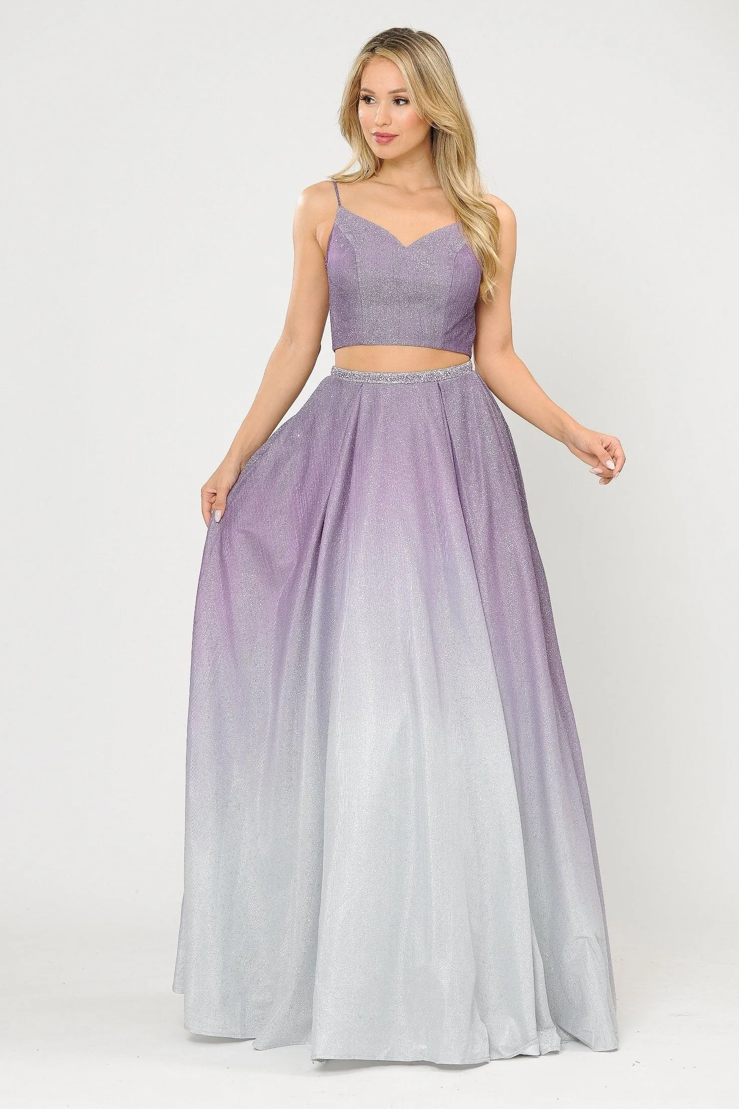 Long Ombre Glitter Two Piece Dress by Poly USA 8706