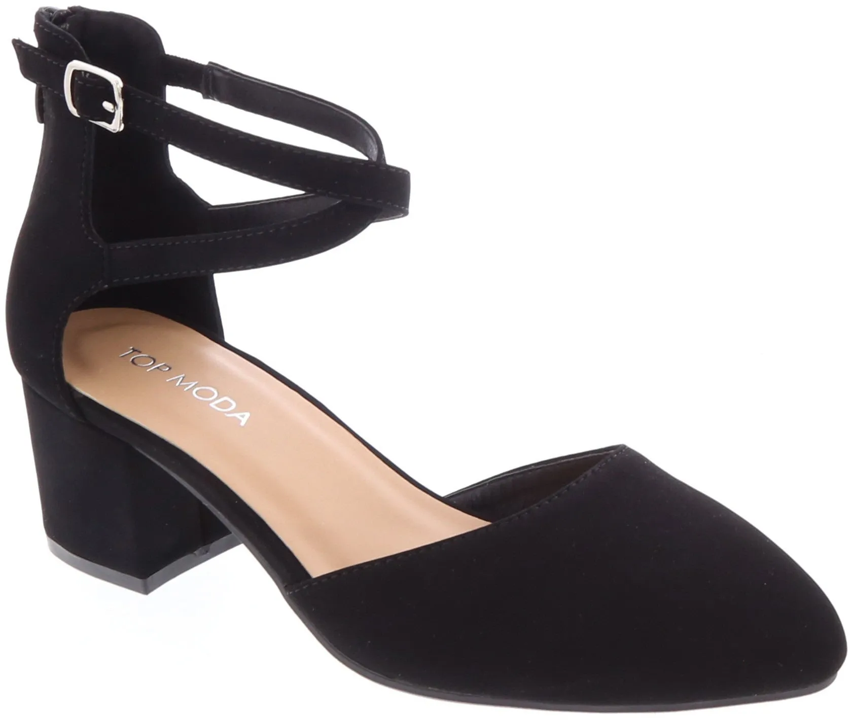 Street Queen Low Heel Cross Ankle Strap Pump (BLACK)