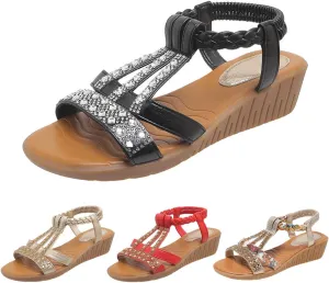 Low Wedge Sandals for Women Bohemia Beach Shoes Elastic Ankle Strap with Arch Support Slip On Open Toe Rhinestone Summer Comfortable Shoe