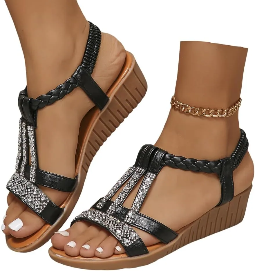 Low Wedge Sandals for Women Bohemia Beach Shoes Elastic Ankle Strap with Arch Support Slip On Open Toe Rhinestone Summer Comfortable Shoe