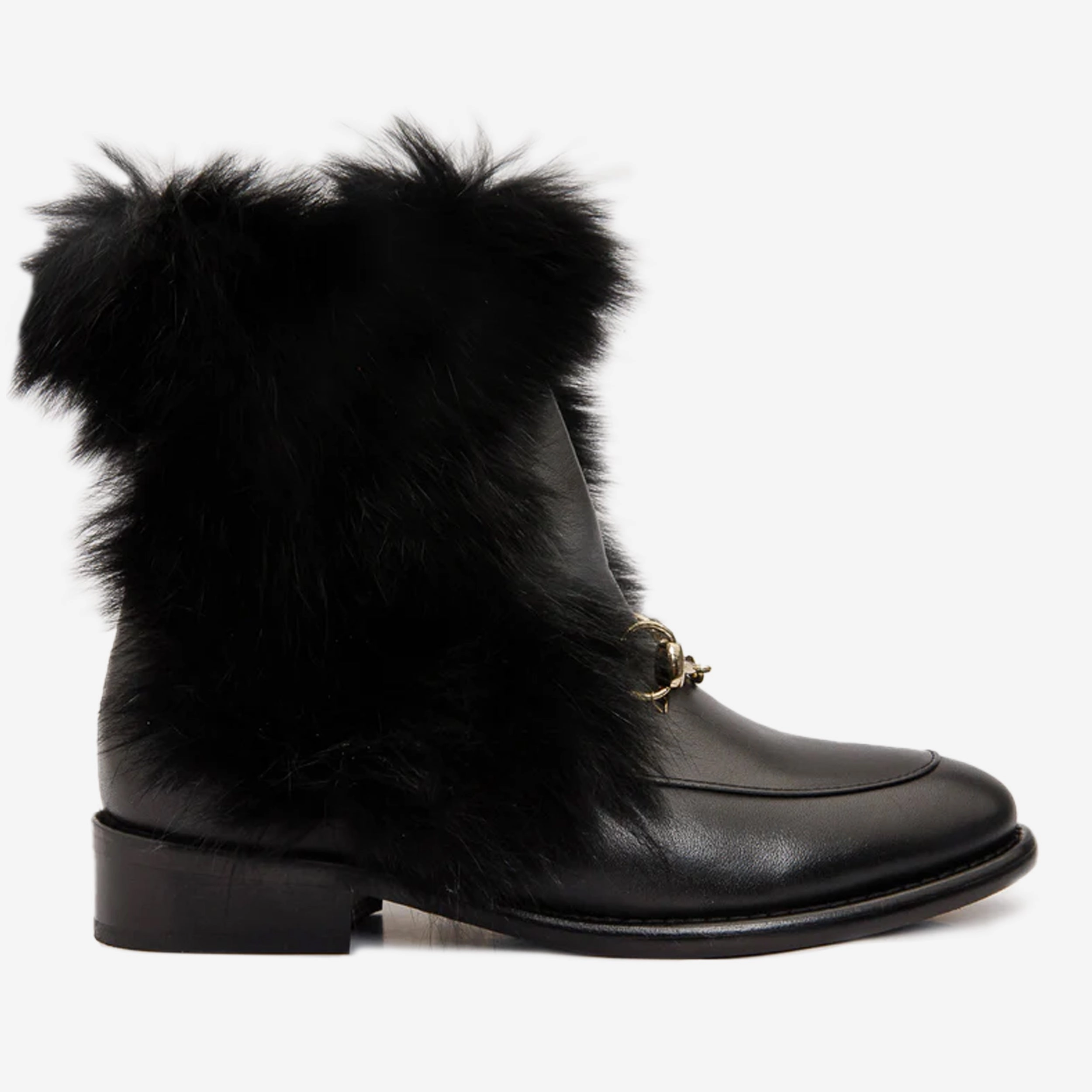The Izmir Black Leather Natural Fur Mid Calf Women Boot Rubber Tread Pattern