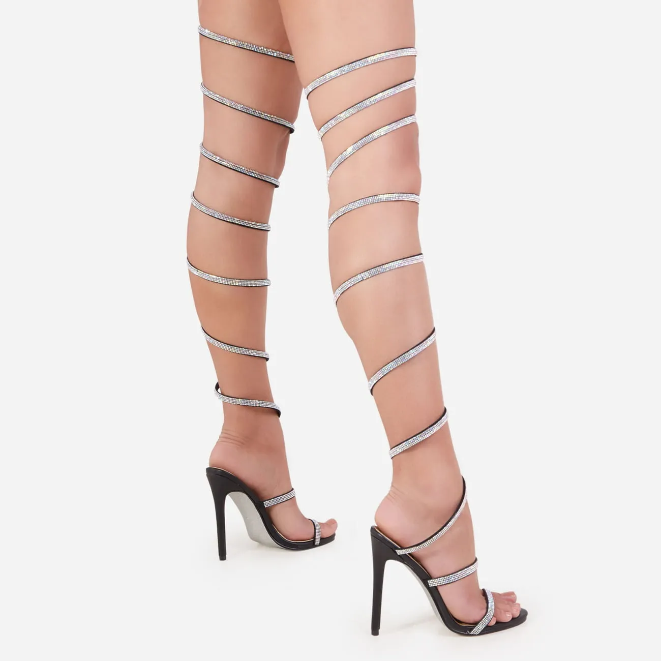 LuxeModa Eyes On You Black Gladiator Diamante Detail Thigh High Wrap Around Heel