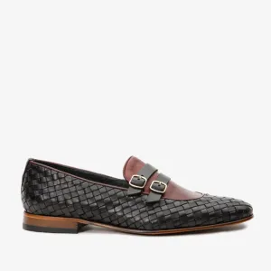 Relaxed Option Korean Line The Vatra Black & Burgundy Woven Double Monk Strap Men Shoe