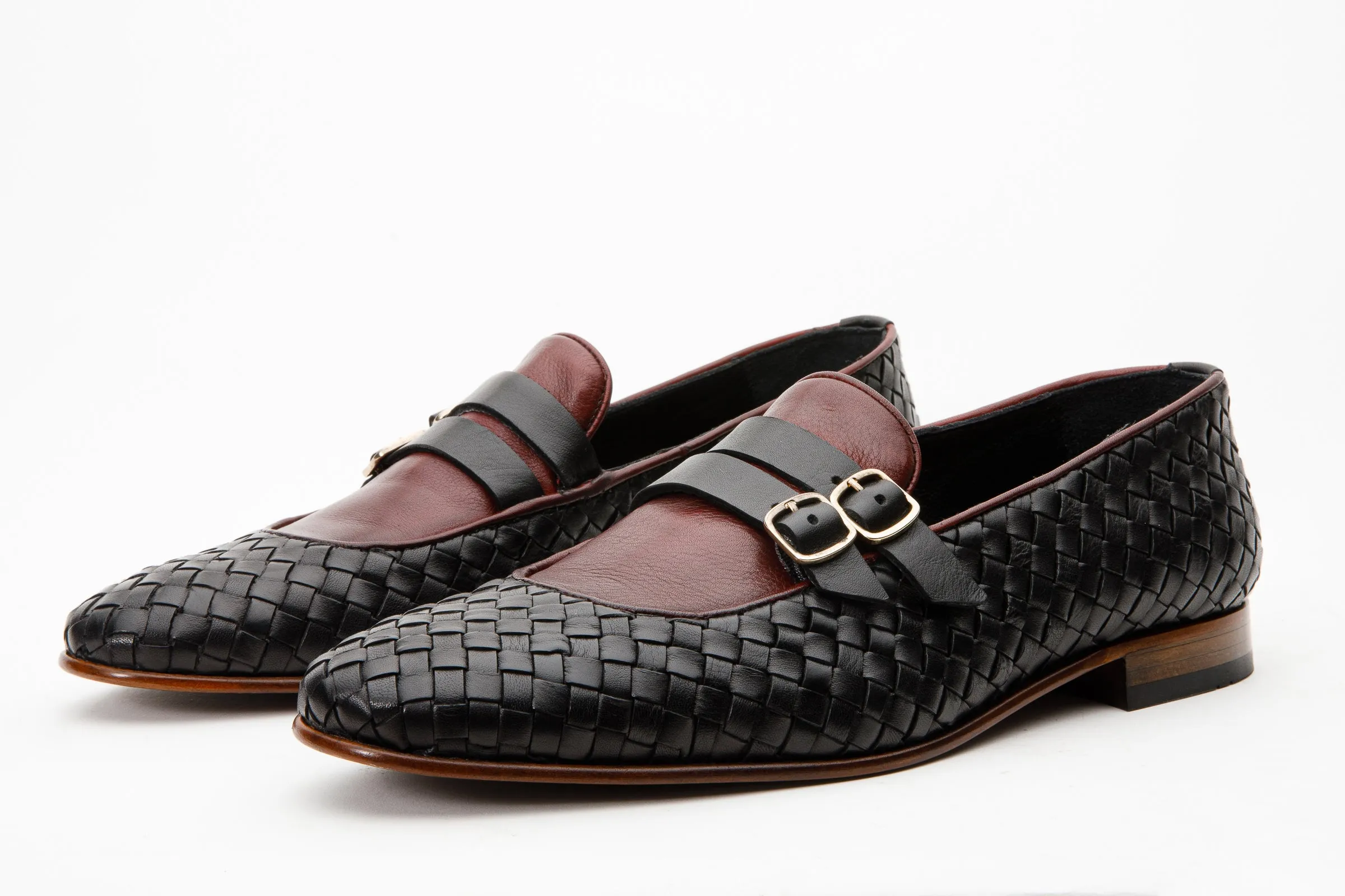 Quiet Stepper The Vatra Black & Burgundy Woven Double Monk Strap Men Shoe