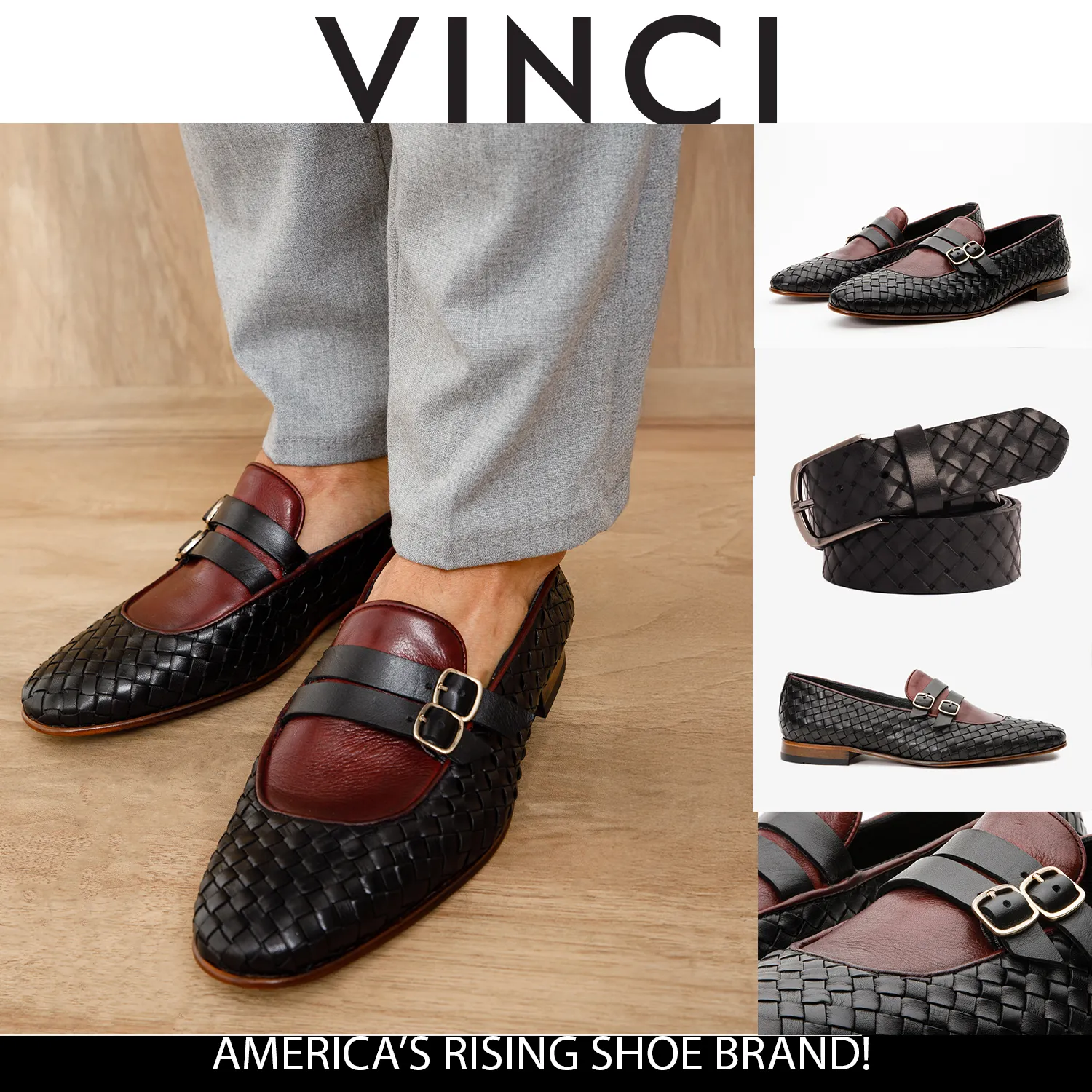 The Vatra Black & Burgundy Woven Double Monk Strap Men Shoe Neutral palette Weekend Outfit