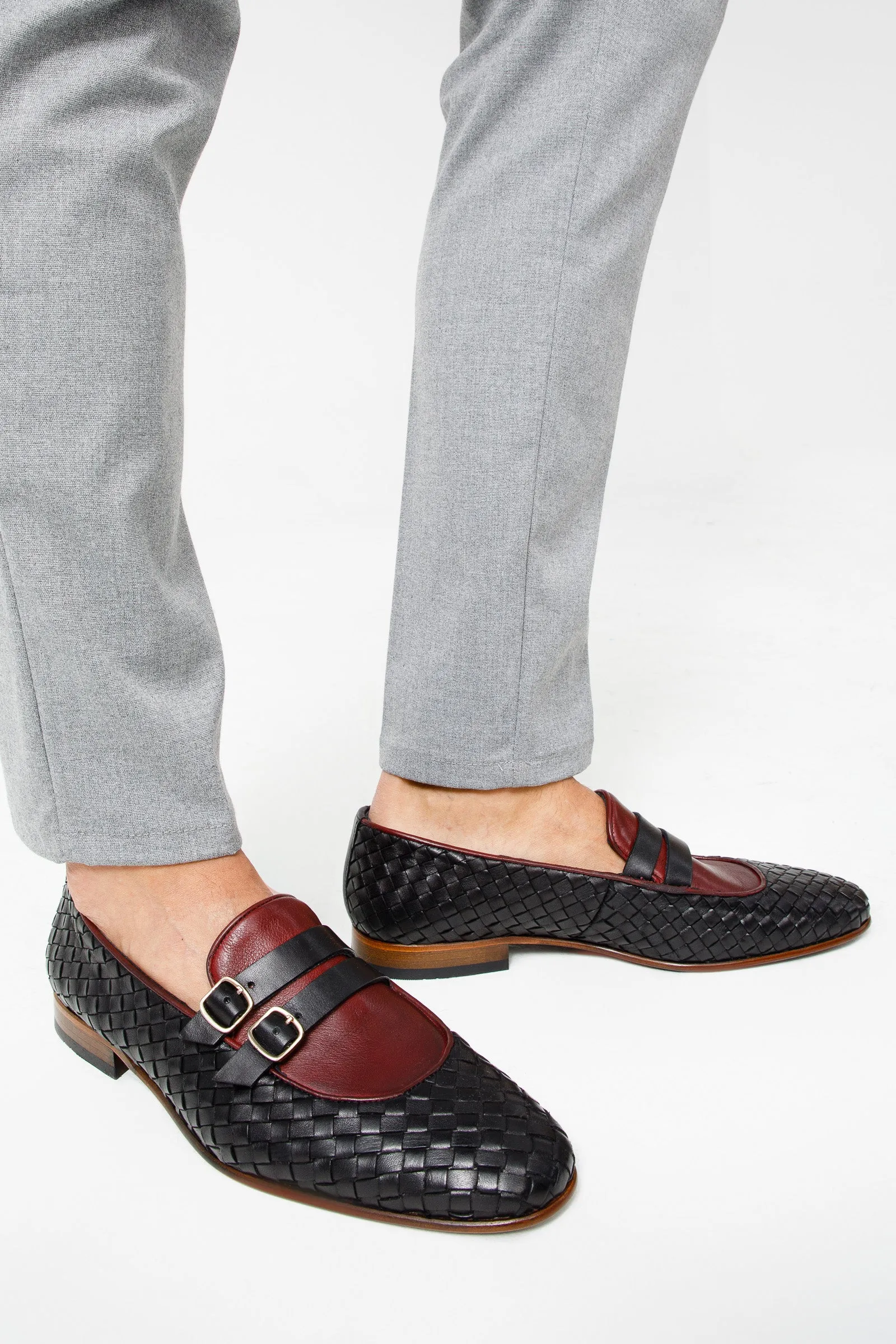 Walk Tall Urban Steps The Vatra Black & Burgundy Woven Double Monk Strap Men Shoe