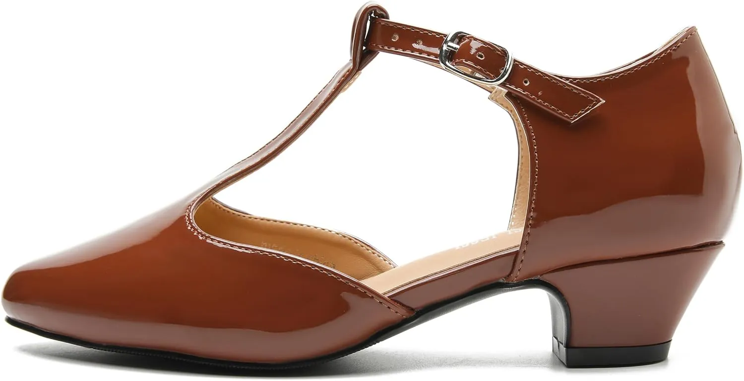 MAIERNISI JESSI Women's T-Strap Low Chunky Heel Mary Jane Pumps Cut Out Wedding Dress Shoes