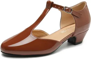 MAIERNISI JESSI Women's T-Strap Low Chunky Heel Mary Jane Pumps Cut Out Wedding Dress Shoes