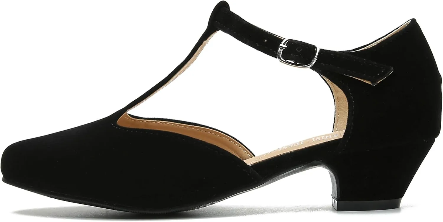 MAIERNISI JESSI Women's T-Strap Low Chunky Heel Mary Jane Pumps Cut Out Wedding Dress Shoes