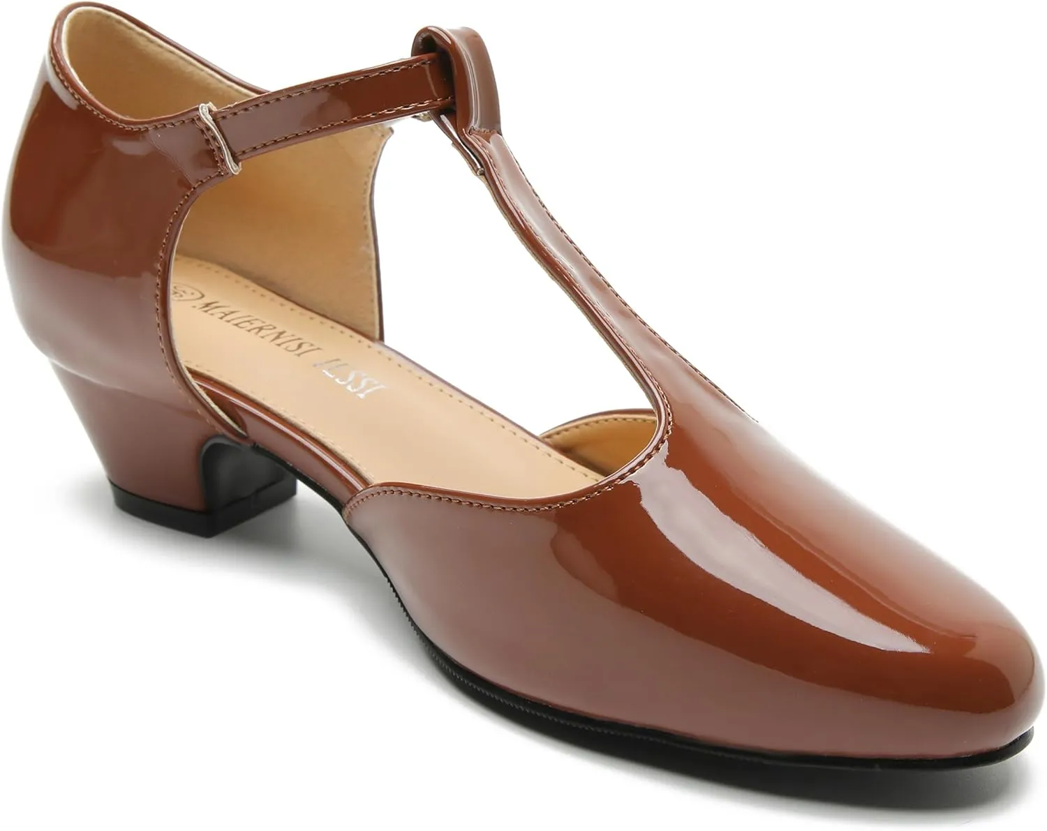 MAIERNISI JESSI Women's T-Strap Low Chunky Heel Mary Jane Pumps Cut Out Wedding Dress Shoes