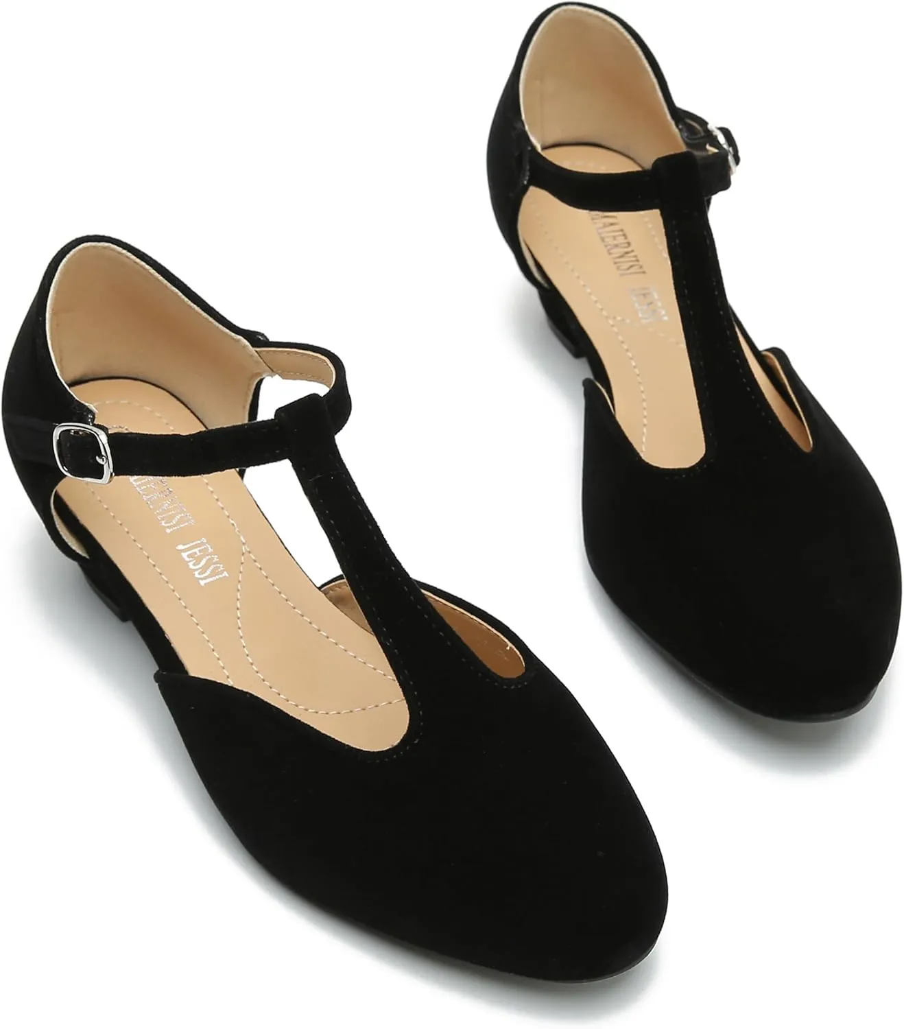 MAIERNISI JESSI Women's T-Strap Low Chunky Heel Mary Jane Pumps Cut Out Wedding Dress Shoes
