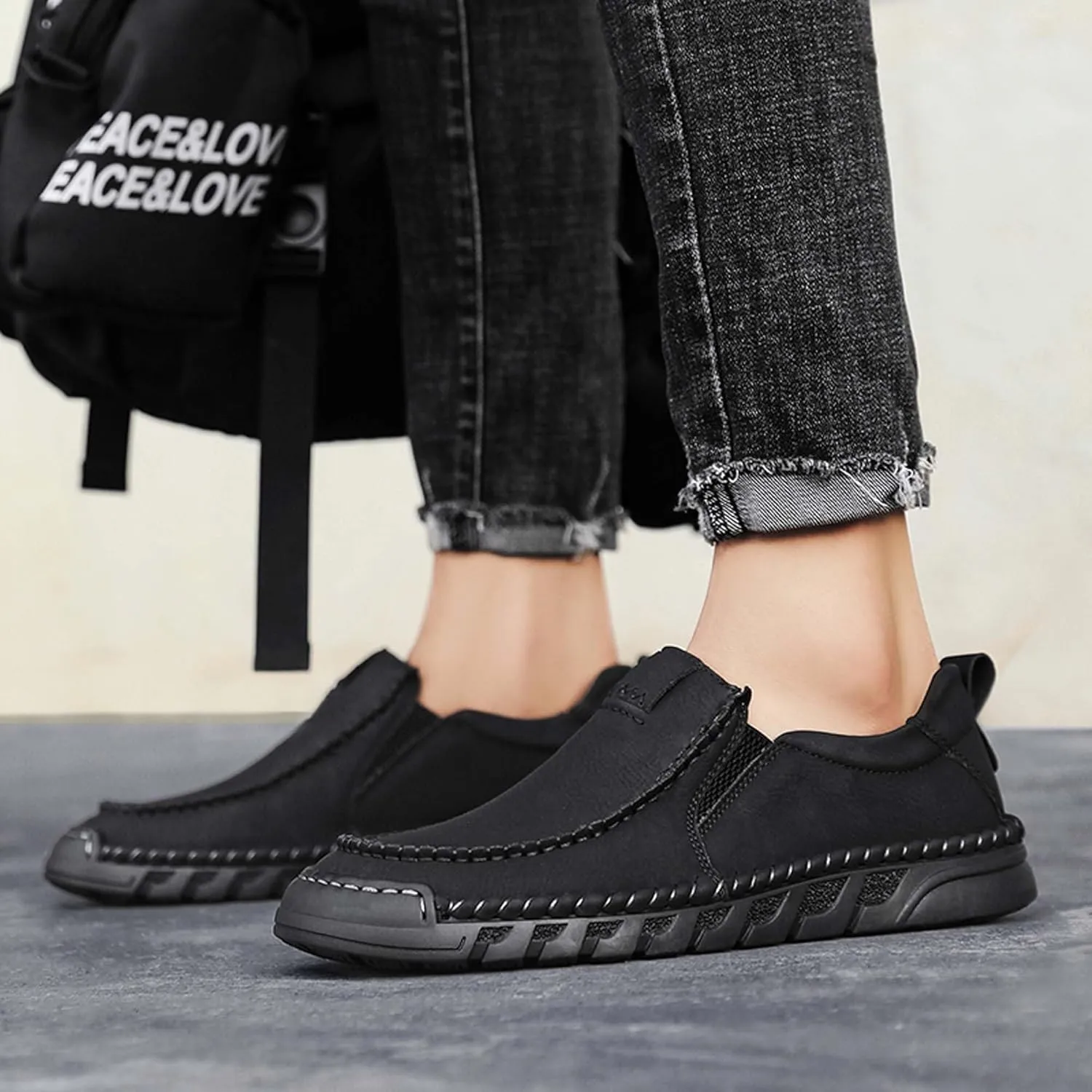 Men's Premium Leather Slip-on Loafers, Walking Shoes, Men's Slip-on Sneakers, Business Casual Shoes, Driving Shoes, Soft, Comfortable, Wear-Resistant, Hand-Stitched