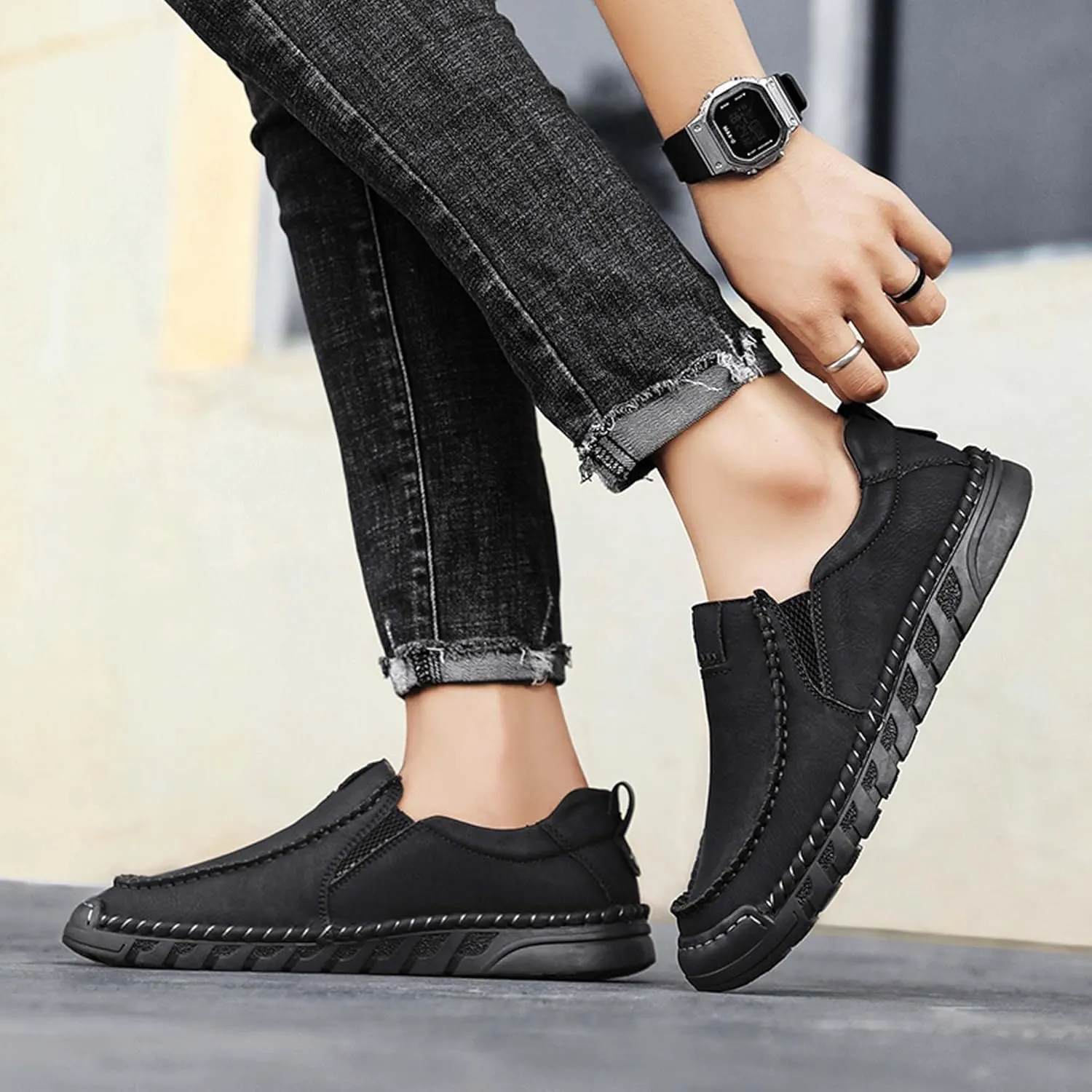 Men's Premium Leather Slip-on Loafers, Walking Shoes, Men's Slip-on Sneakers, Business Casual Shoes, Driving Shoes, Soft, Comfortable, Wear-Resistant, Hand-Stitched