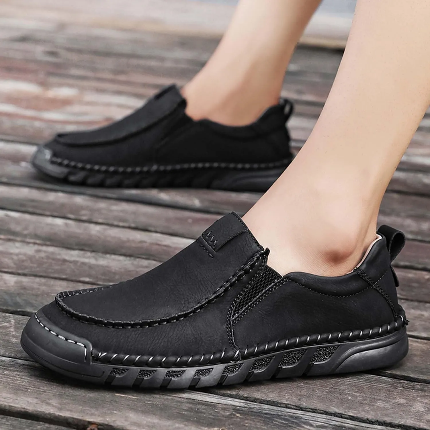 Men's Premium Leather Slip-on Loafers, Walking Shoes, Men's Slip-on Sneakers, Business Casual Shoes, Driving Shoes, Soft, Comfortable, Wear-Resistant, Hand-Stitched