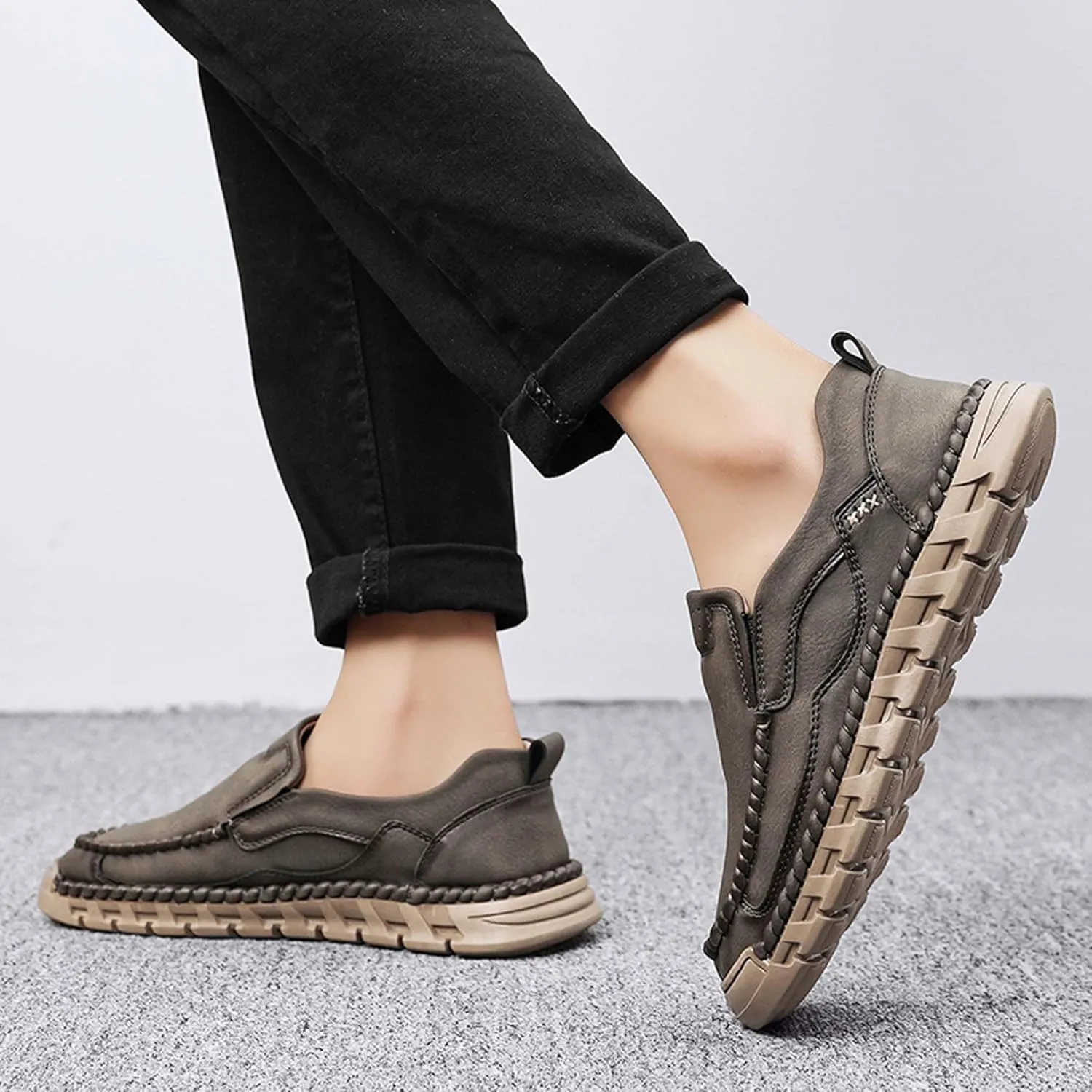 Men's Premium Leather Slip-on Walking Shoes, Loafers, Men's Slip-on Sneakers, Business Casual Shoes, Driving Shoes, Soft, Comfortable, Wear-Resistant, Hand-Stitched