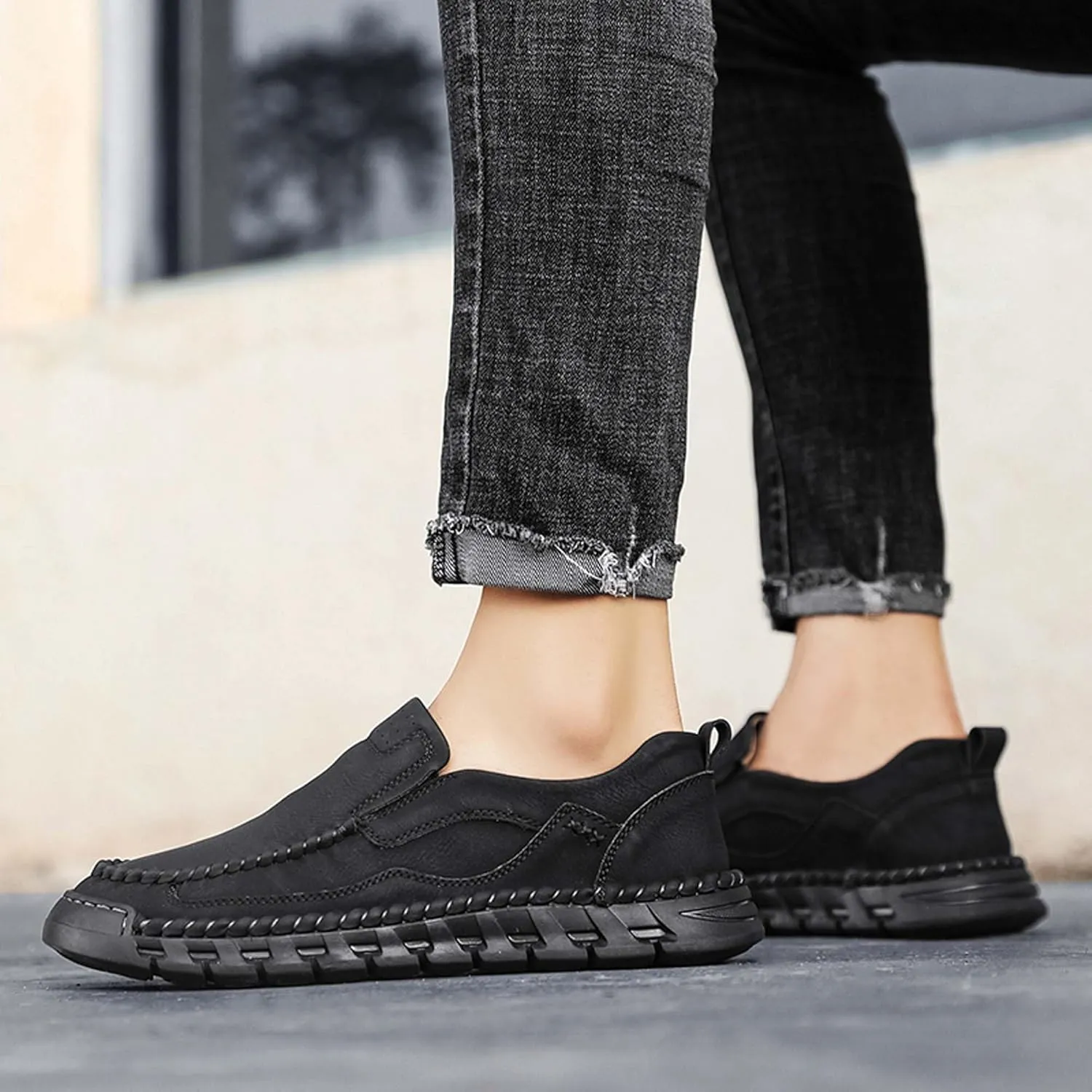 Men's Premium Leather Slip-on Walking Shoes, Loafers, Men's Slip-on Sneakers, Business Casual Shoes, Driving Shoes, Soft, Comfortable, Wear-Resistant, Hand-Stitched