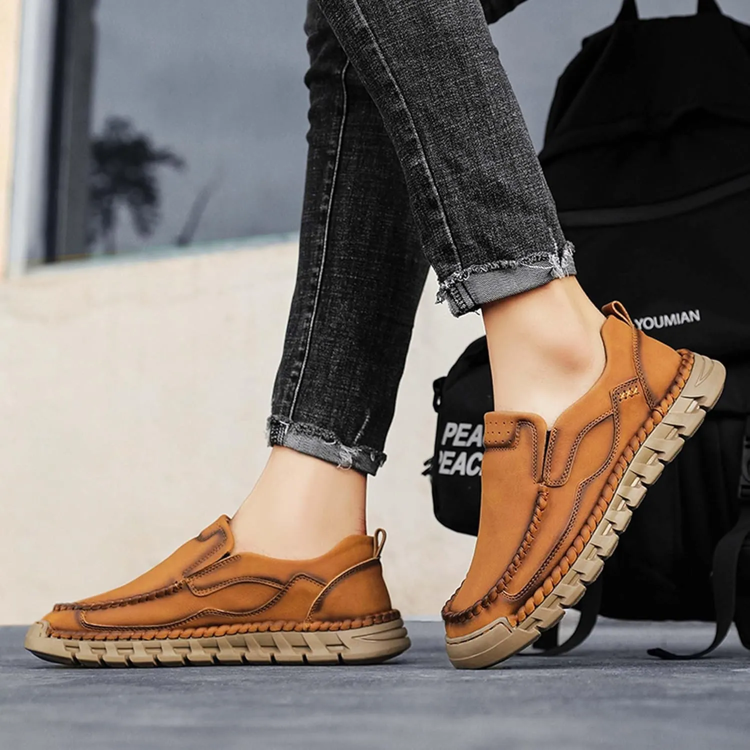 Men's Premium Leather Slip-on Walking Shoes, Loafers, Men's Slip-on Sneakers, Business Casual Shoes, Driving Shoes, Soft, Comfortable, Wear-Resistant, Hand-Stitched