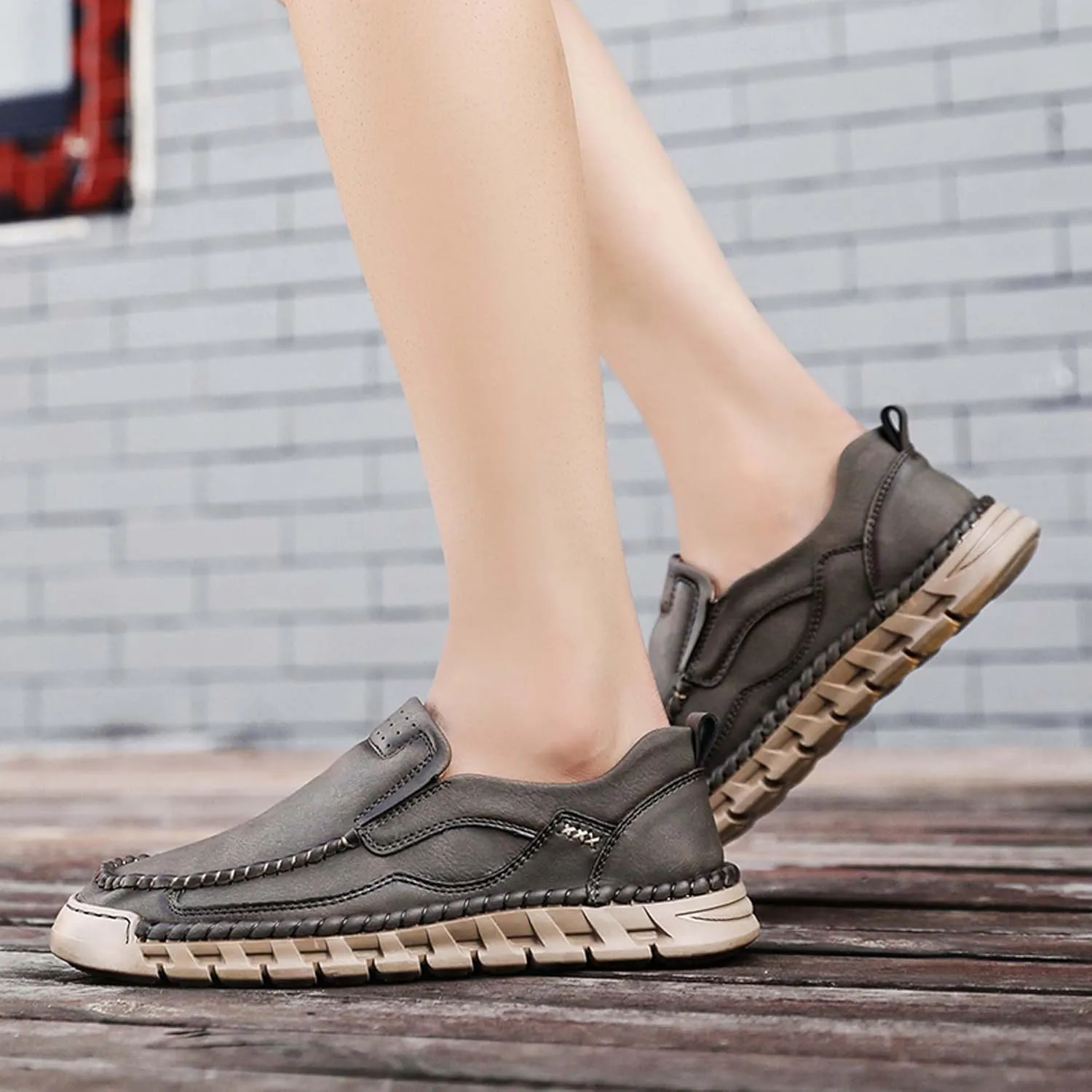 Men's Premium Leather Slip-on Walking Shoes, Loafers, Men's Slip-on Sneakers, Business Casual Shoes, Driving Shoes, Soft, Comfortable, Wear-Resistant, Hand-Stitched