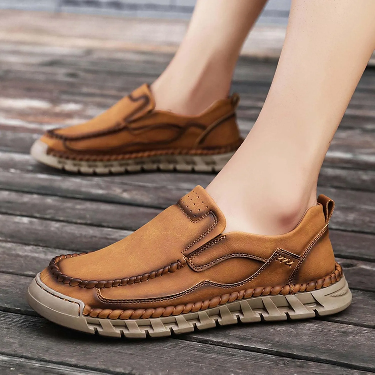 Men's Premium Leather Slip-on Walking Shoes, Loafers, Men's Slip-on Sneakers, Business Casual Shoes, Driving Shoes, Soft, Comfortable, Wear-Resistant, Hand-Stitched
