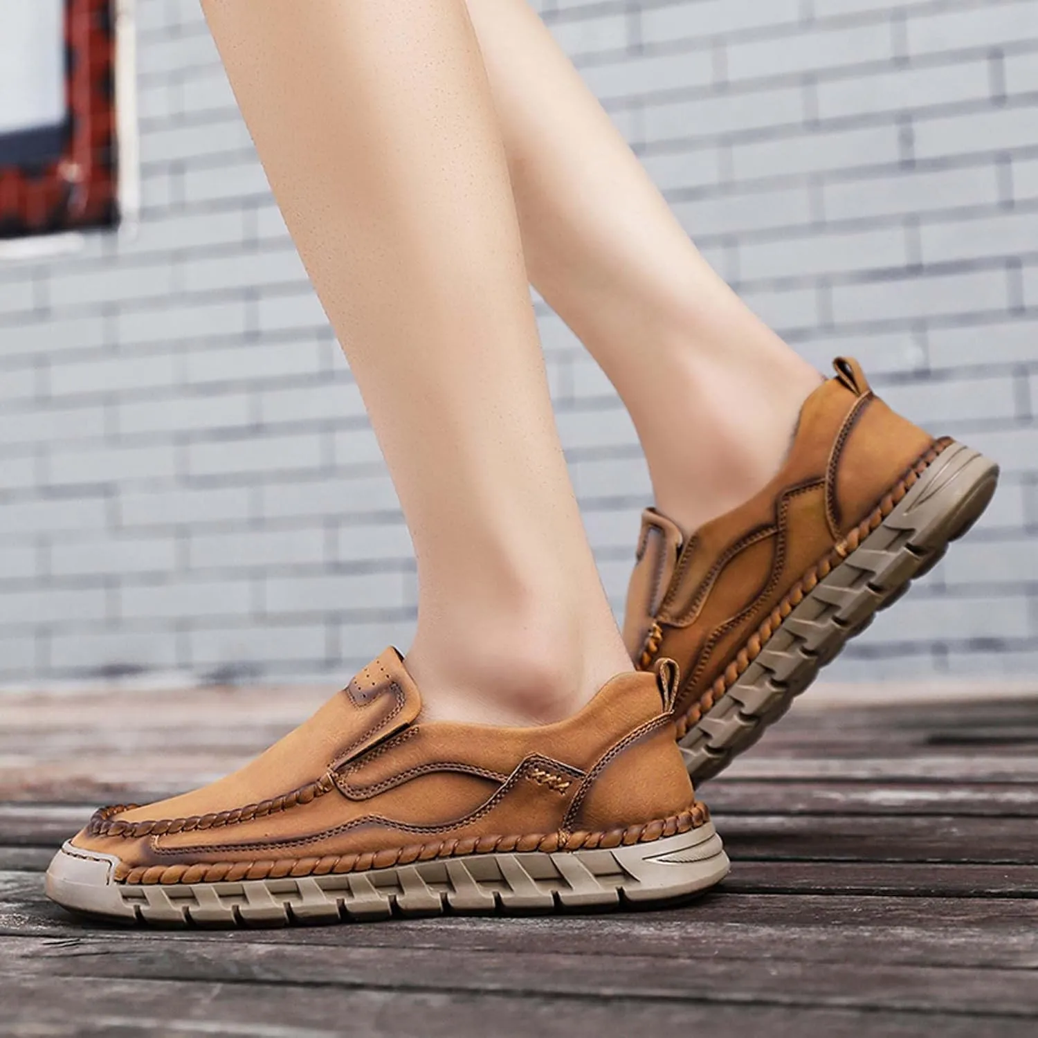 Men's Premium Leather Slip-on Walking Shoes, Loafers, Men's Slip-on Sneakers, Business Casual Shoes, Driving Shoes, Soft, Comfortable, Wear-Resistant, Hand-Stitched