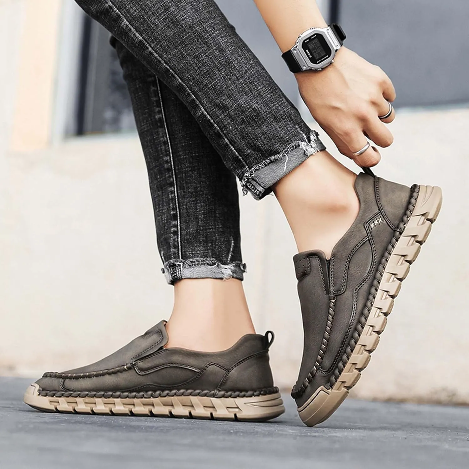 Men's Premium Leather Slip-on Walking Shoes, Loafers, Men's Slip-on Sneakers, Business Casual Shoes, Driving Shoes, Soft, Comfortable, Wear-Resistant, Hand-Stitched