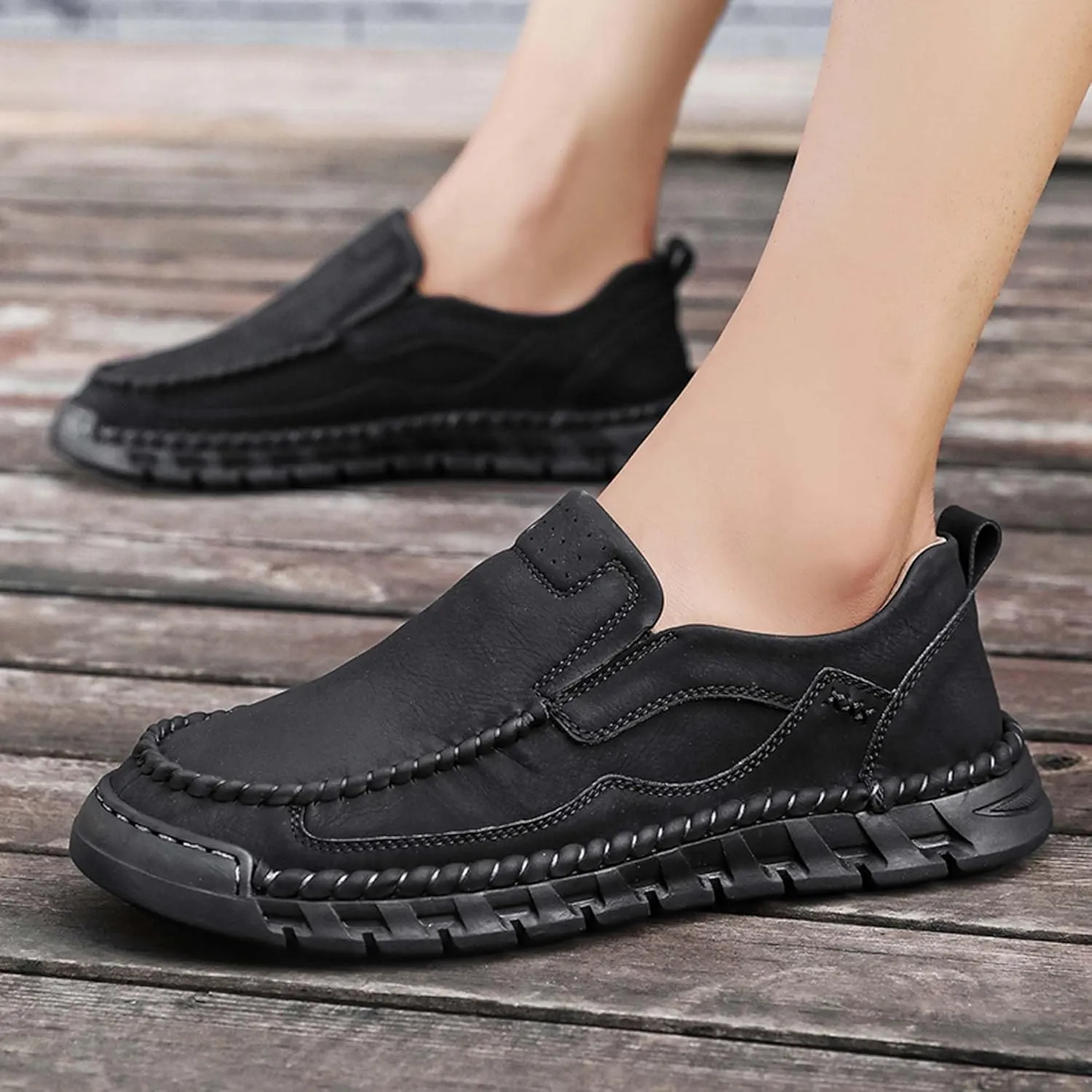 Men's Premium Leather Slip-on Walking Shoes, Loafers, Men's Slip-on Sneakers, Business Casual Shoes, Driving Shoes, Soft, Comfortable, Wear-Resistant, Hand-Stitched