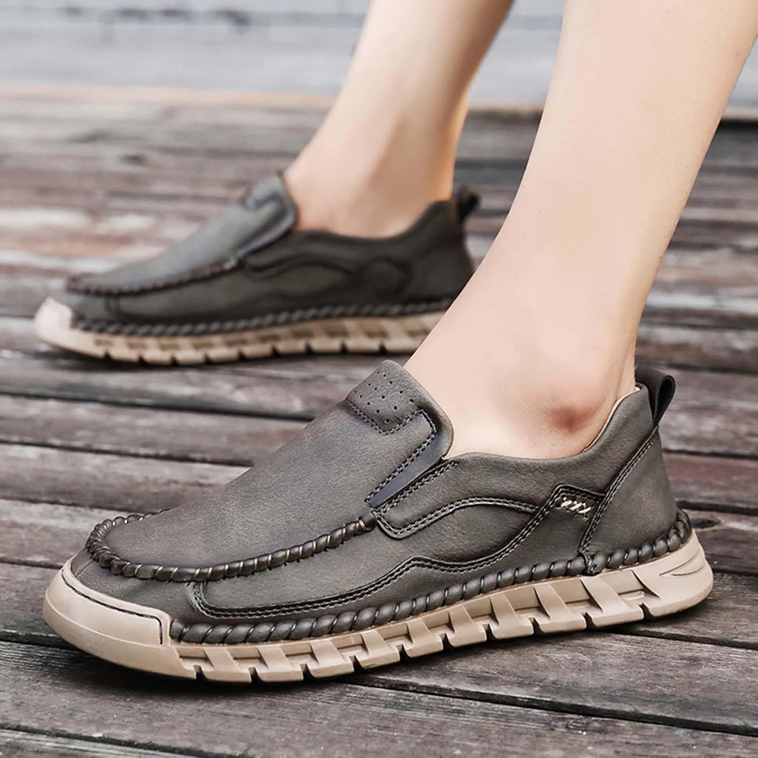 Men's Premium Leather Slip-on Walking Shoes, Loafers, Men's Slip-on Sneakers, Business Casual Shoes, Driving Shoes, Soft, Comfortable, Wear-Resistant, Hand-Stitched