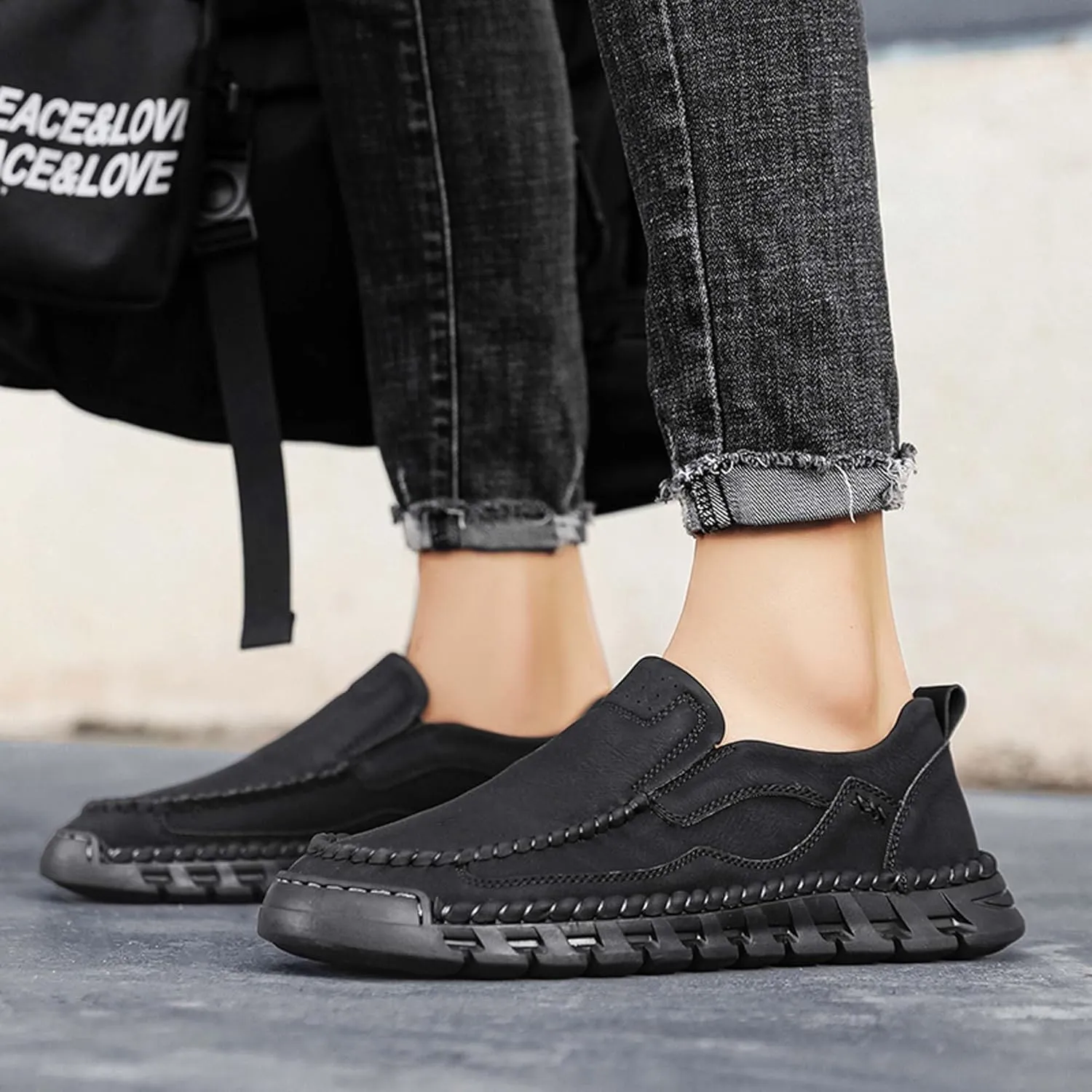 Men's Premium Leather Slip-on Walking Shoes, Loafers, Men's Slip-on Sneakers, Business Casual Shoes, Driving Shoes, Soft, Comfortable, Wear-Resistant, Hand-Stitched