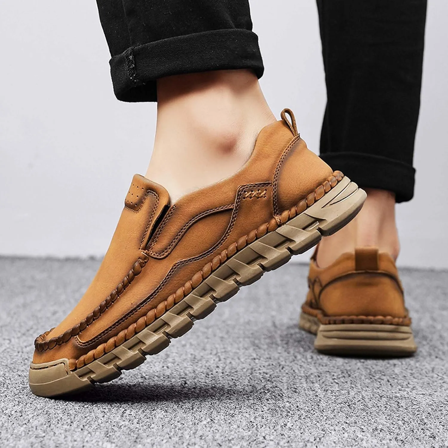 Men's Premium Leather Slip-on Walking Shoes, Loafers, Men's Slip-on Sneakers, Business Casual Shoes, Driving Shoes, Soft, Comfortable, Wear-Resistant, Hand-Stitched