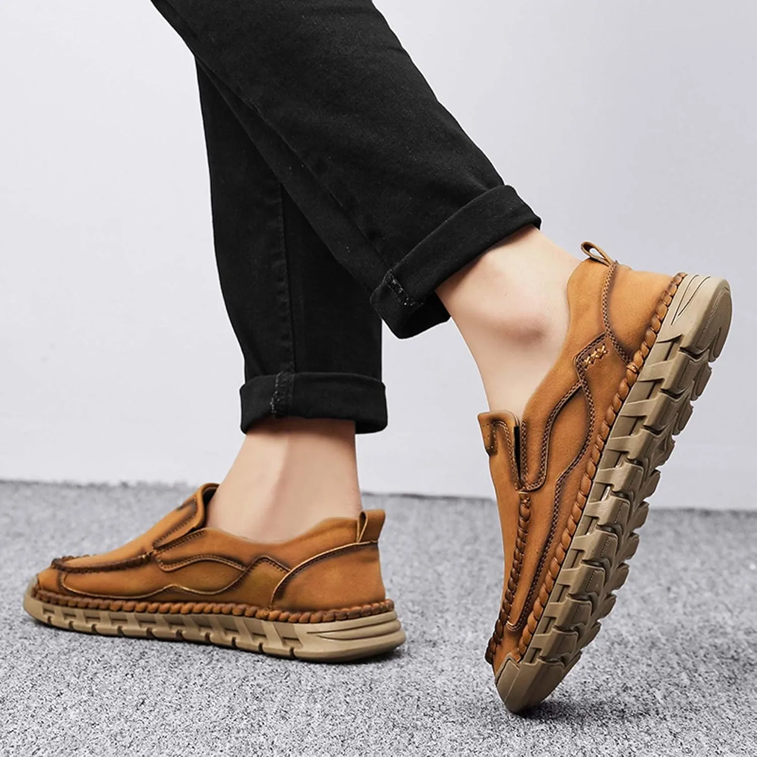 Men's Premium Leather Slip-on Walking Shoes, Loafers, Men's Slip-on Sneakers, Business Casual Shoes, Driving Shoes, Soft, Comfortable, Wear-Resistant, Hand-Stitched
