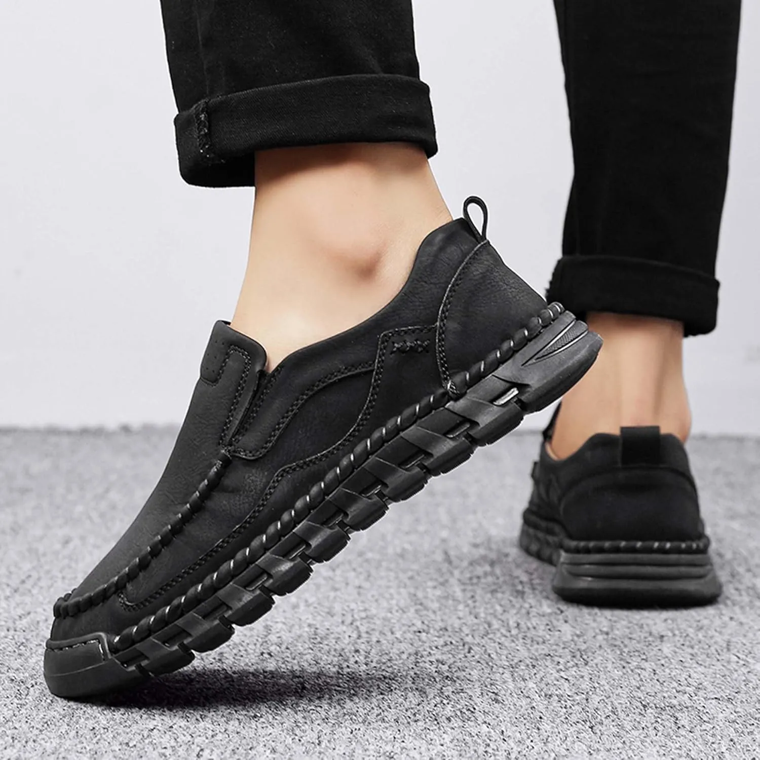 Men's Premium Leather Slip-on Walking Shoes, Loafers, Men's Slip-on Sneakers, Business Casual Shoes, Driving Shoes, Soft, Comfortable, Wear-Resistant, Hand-Stitched