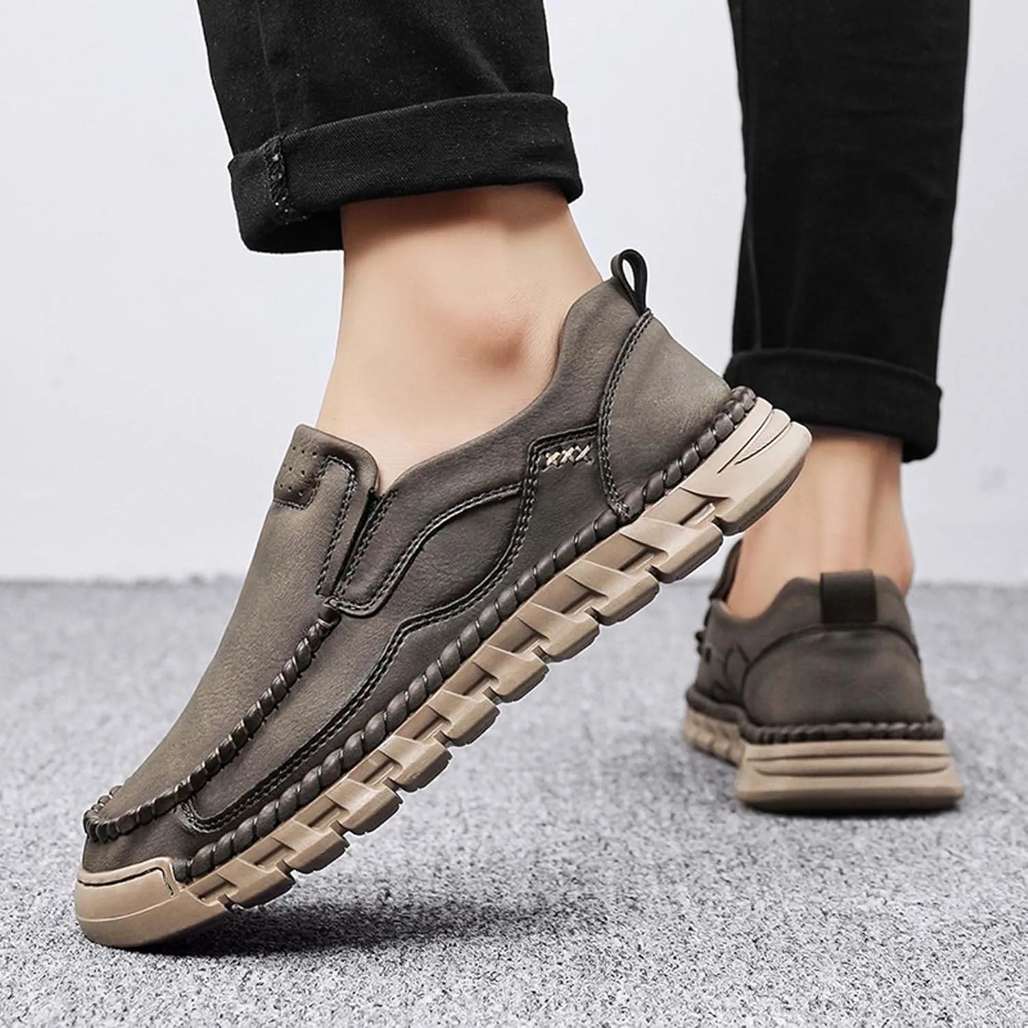 Men's Premium Leather Slip-on Walking Shoes, Loafers, Men's Slip-on Sneakers, Business Casual Shoes, Driving Shoes, Soft, Comfortable, Wear-Resistant, Hand-Stitched
