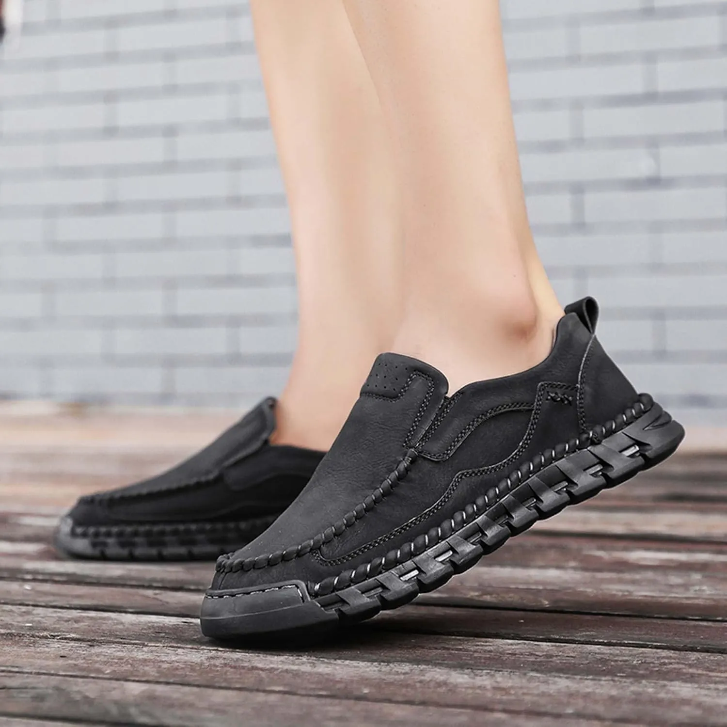 Men's Premium Leather Slip-on Walking Shoes, Loafers, Men's Slip-on Sneakers, Business Casual Shoes, Driving Shoes, Soft, Comfortable, Wear-Resistant, Hand-Stitched