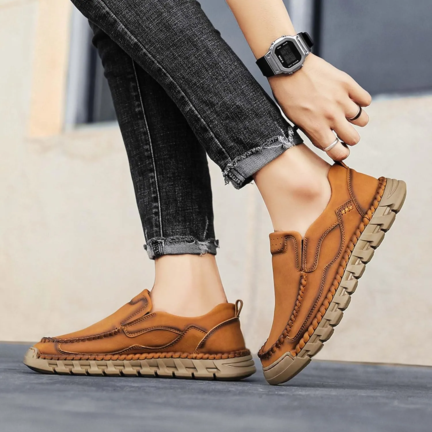 Men's Premium Leather Slip-on Walking Shoes, Loafers, Men's Slip-on Sneakers, Business Casual Shoes, Driving Shoes, Soft, Comfortable, Wear-Resistant, Hand-Stitched