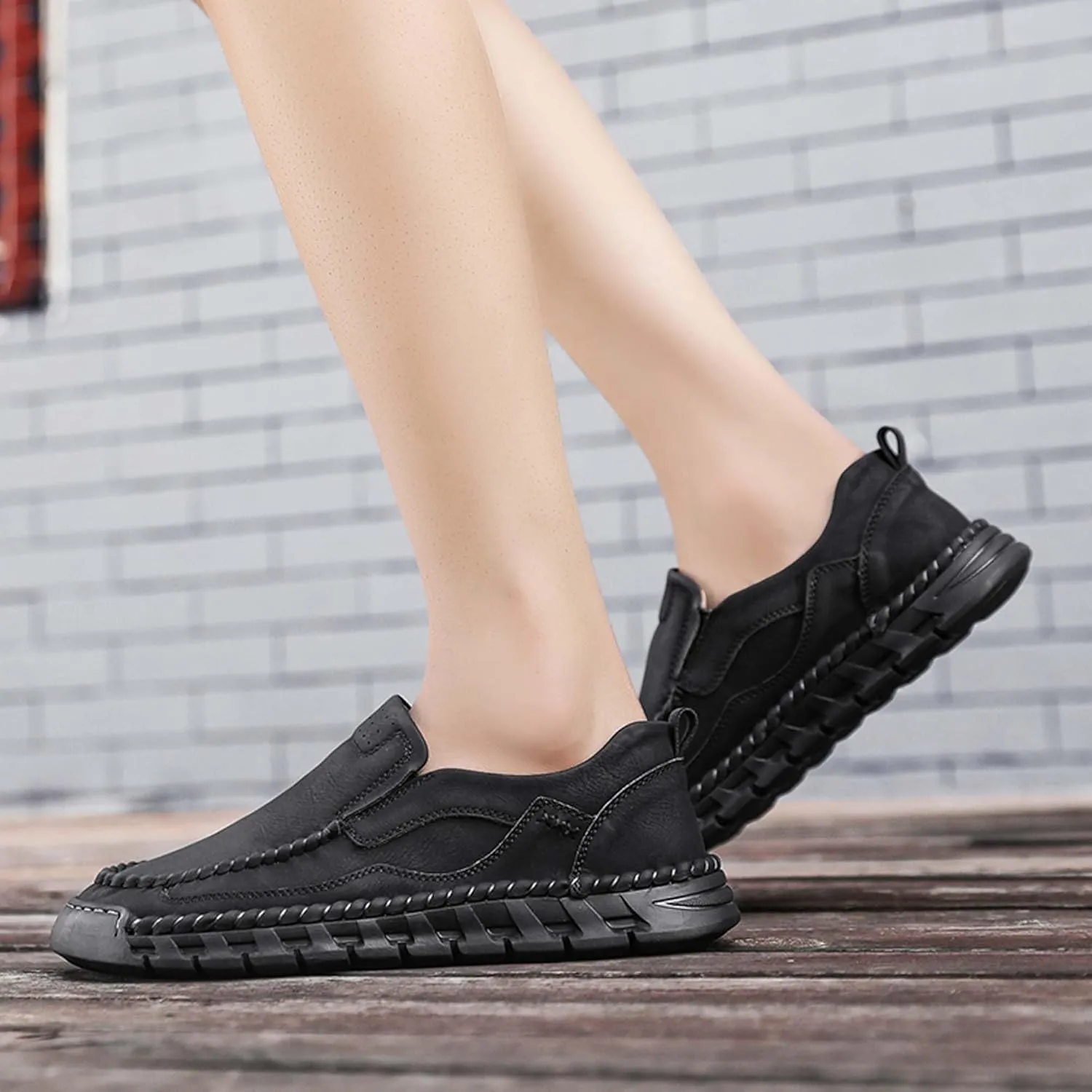 Men's Premium Leather Slip-on Walking Shoes, Loafers, Men's Slip-on Sneakers, Business Casual Shoes, Driving Shoes, Soft, Comfortable, Wear-Resistant, Hand-Stitched