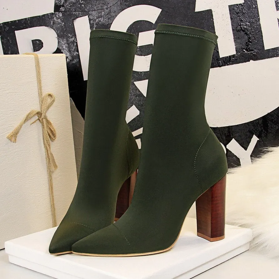 Mid-Calf Boots 2020 New Stretch Sock Boots Chunky Block heels High Heels Fetish Sexy High-Heeled boots Silk Shoes Women Boots 40