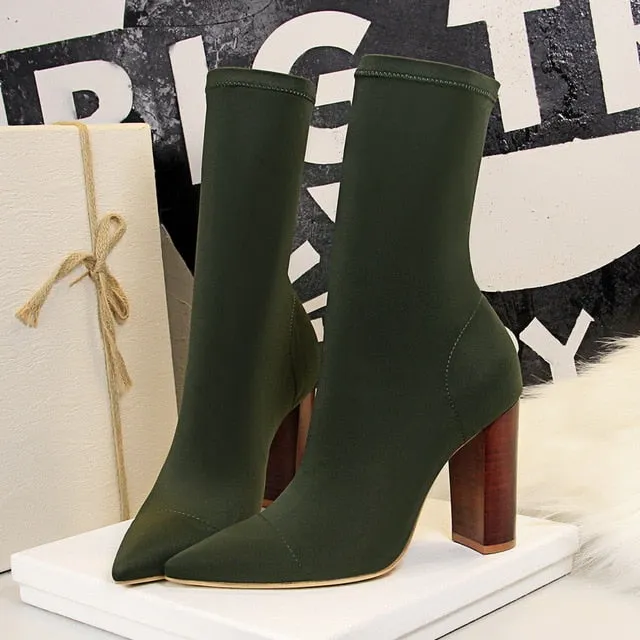 Mid-Calf Boots 2020 New Stretch Sock Boots Chunky Block heels High Heels Fetish Sexy High-Heeled boots Silk Shoes Women Boots 40