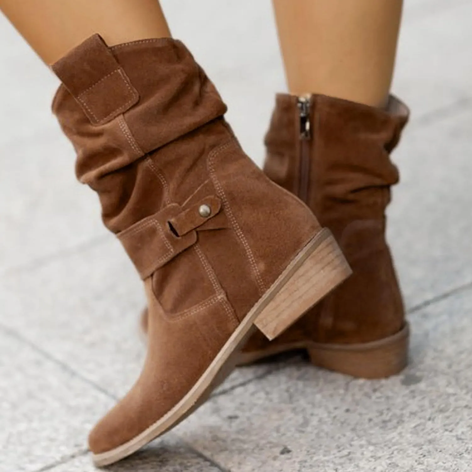 Mid Calf Boots for Women, Winter Zipper Outwear Mid Calf Boots Fashion Classic Ankle Boots Thick Heel Mesh Flat Boots