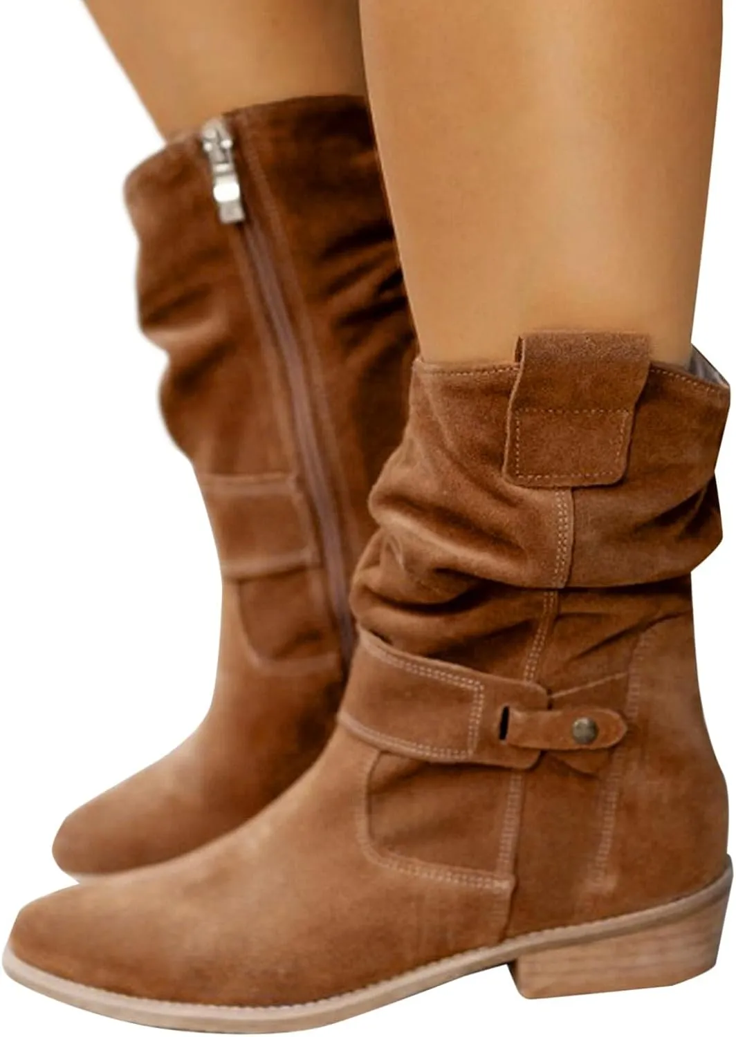 Mid Calf Boots for Women, Winter Zipper Outwear Mid Calf Boots Fashion Classic Ankle Boots Thick Heel Mesh Flat Boots
