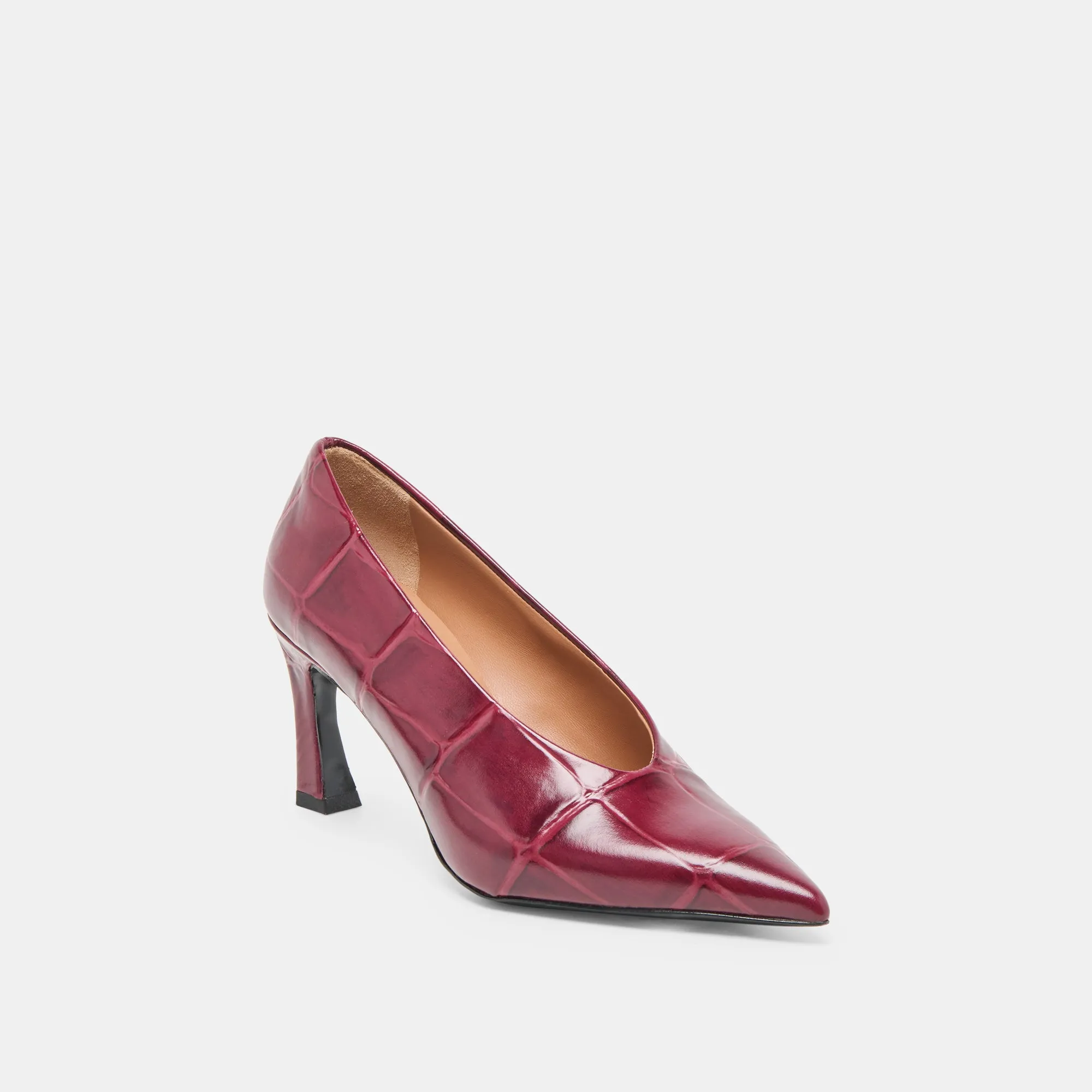 Sleek Profile MIDGE HEELS BURGUNDY CROCO EMBOSSED LEATHER
