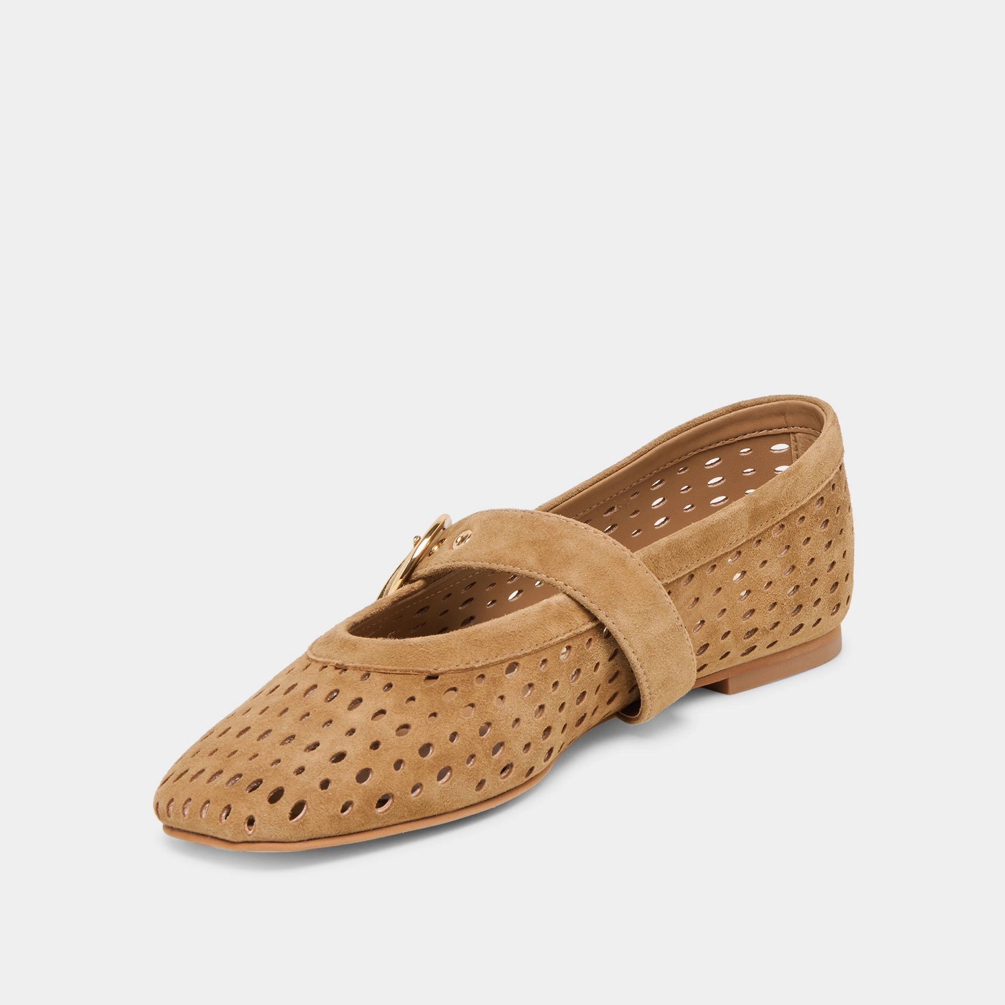 MIKEL BALLET FLATS LT BROWN PERFORATED SUEDE Button up