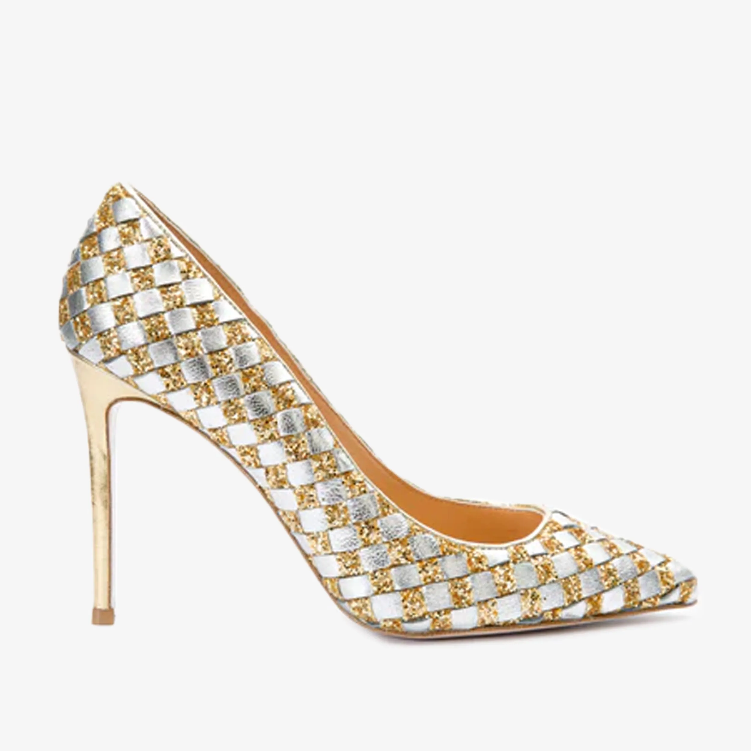 The Saks Tory Gold & Silver Handwoven Leather Pump Women Shoe Stand Out Design Holiday Spark
